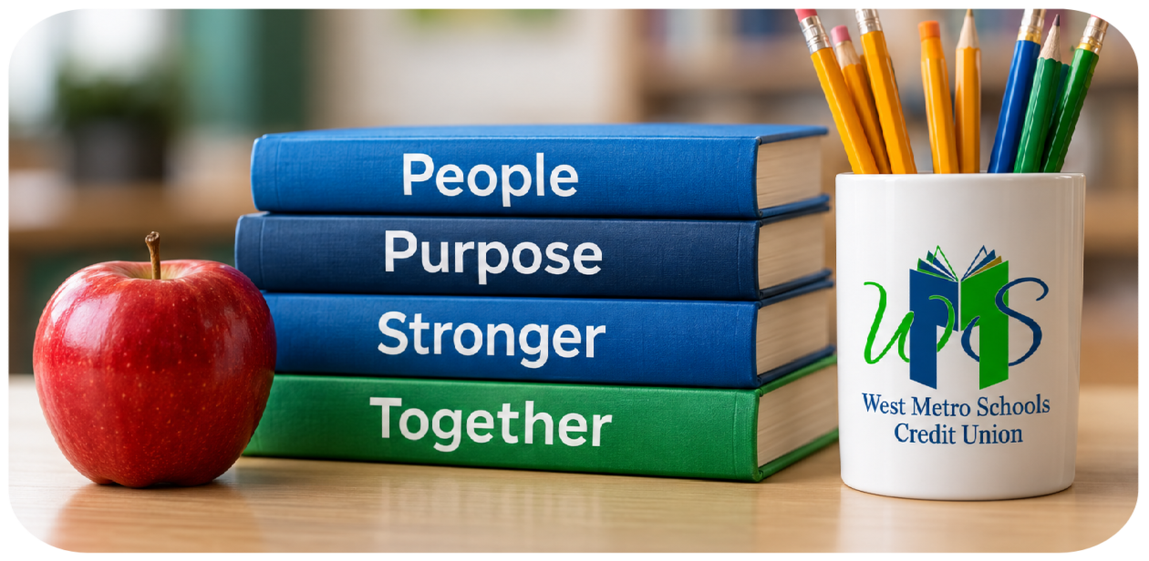 Image of books and apple with credit union logo on coffee cup